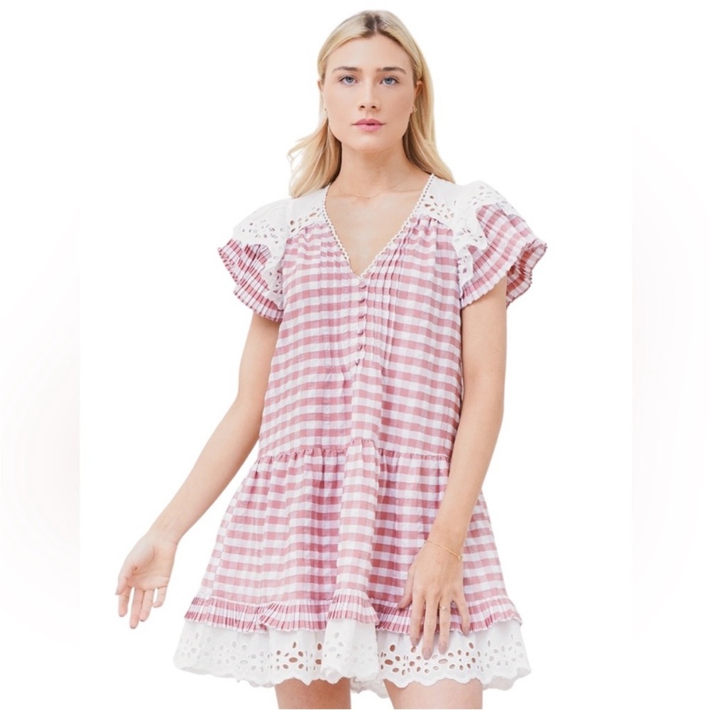 Hunter Bell Pink Gingham Virginia Dress with Lace Trim XS